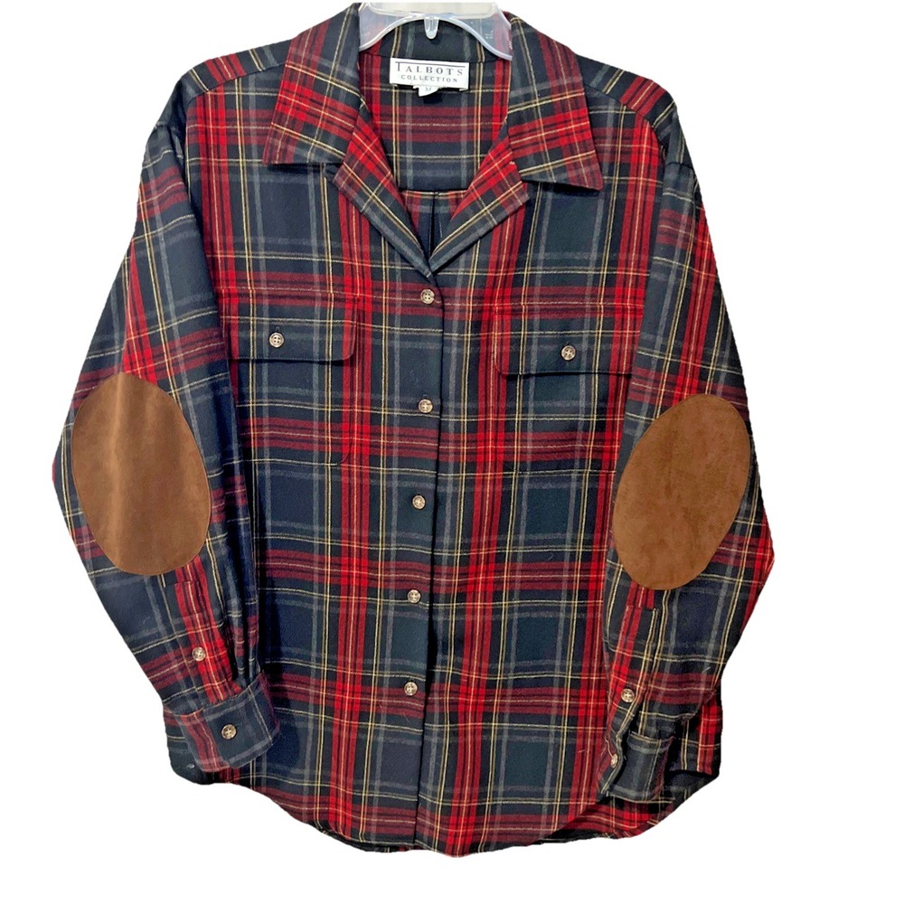 VTG Talbots Collection Worsted Wool Tartan Plaid Shirt M Elbow Patches USA Made